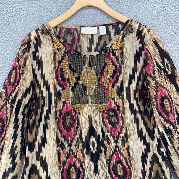 Chicos Top Womens 1 US Medium Brown Multi Ikat Embellished 3/4 Sleeves Blouse - Picture 2 of 9